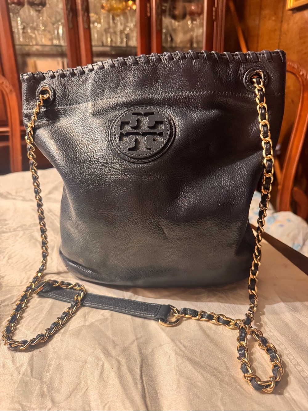 Tory Burch Marion Slouchy Chain Tote Midnight Blue Pebbled Leather